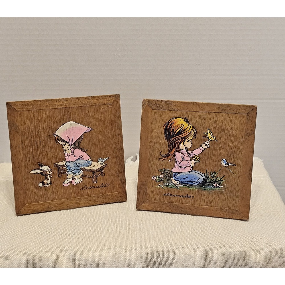 Vintage 1970s Hand Painted Wooden Plaque Leonald Butterfly Birds 5"x5"